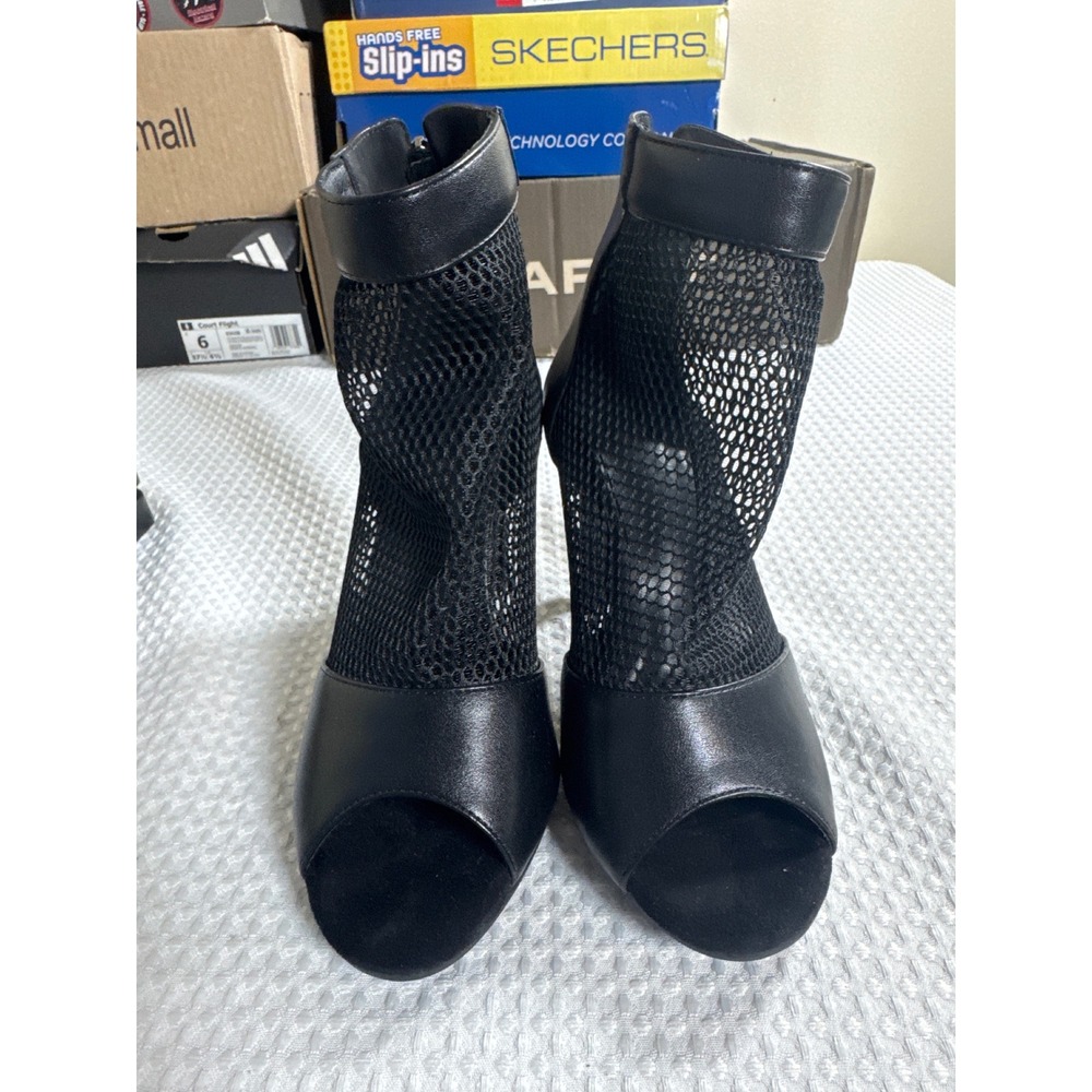 Booties Women 9 Peep Toe Stiletto Black Mesh Fishnet NWOB